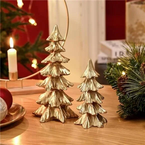 Gold Christmas Tree Figurines, Small Resin Christmas Trees Home Decor, Tabletop - Picture 6 of 8
